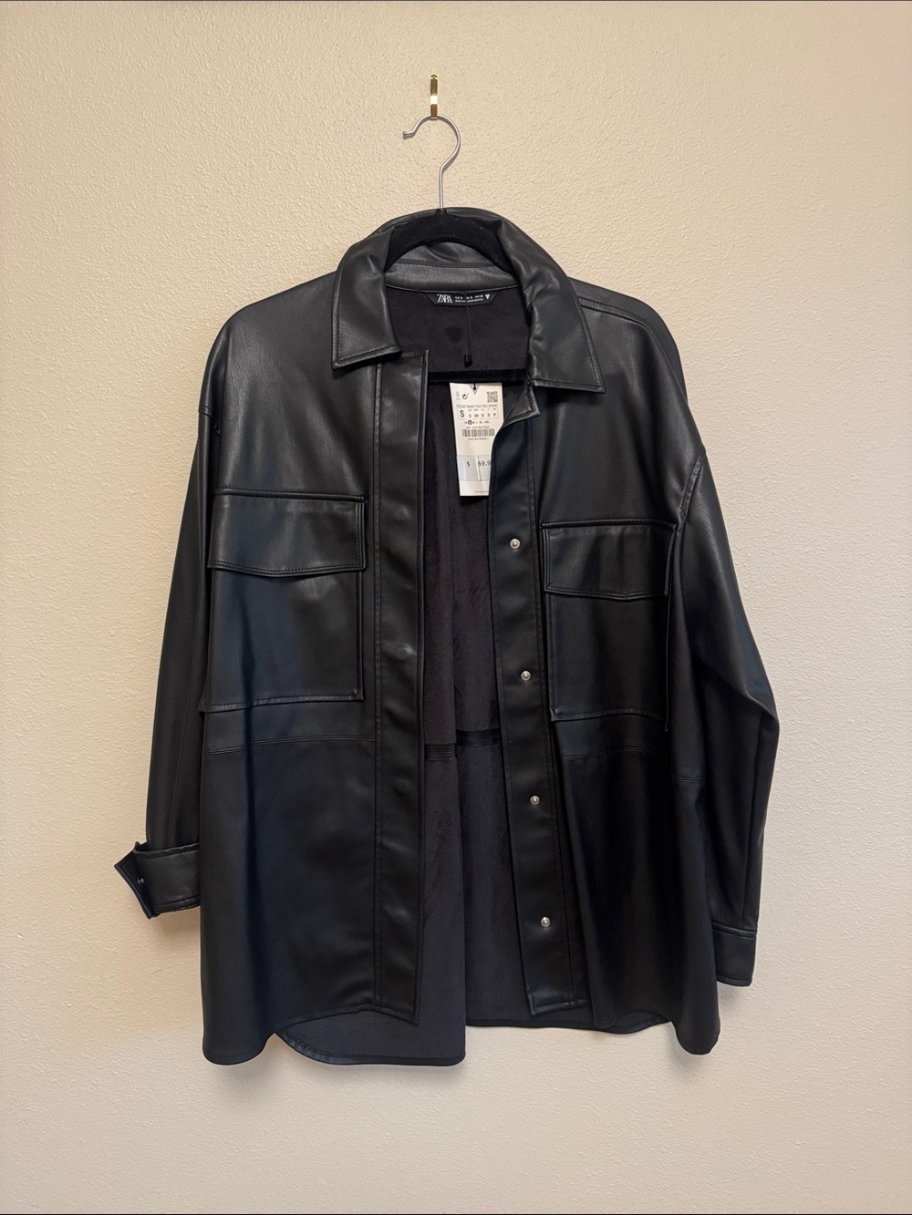 Zara Black Faux Leather Shirt Jacket